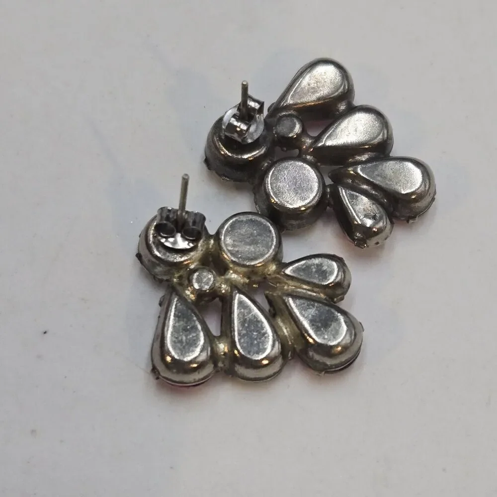 Vintage Pink Clear Rhinestone Pierced Prong Set Bling Mid Century Earrings